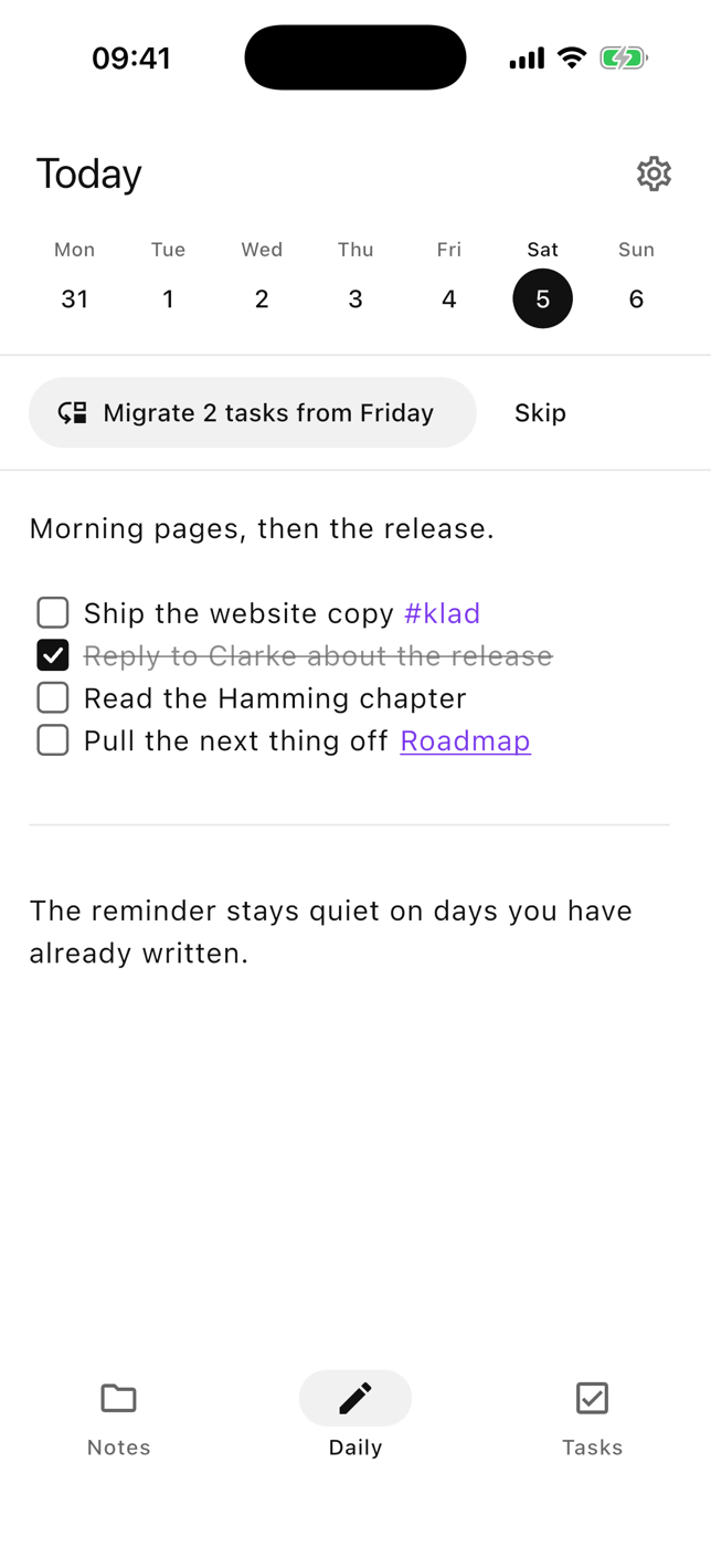Klad daily note with tasks and yesterday's unfinished work ready to carry over