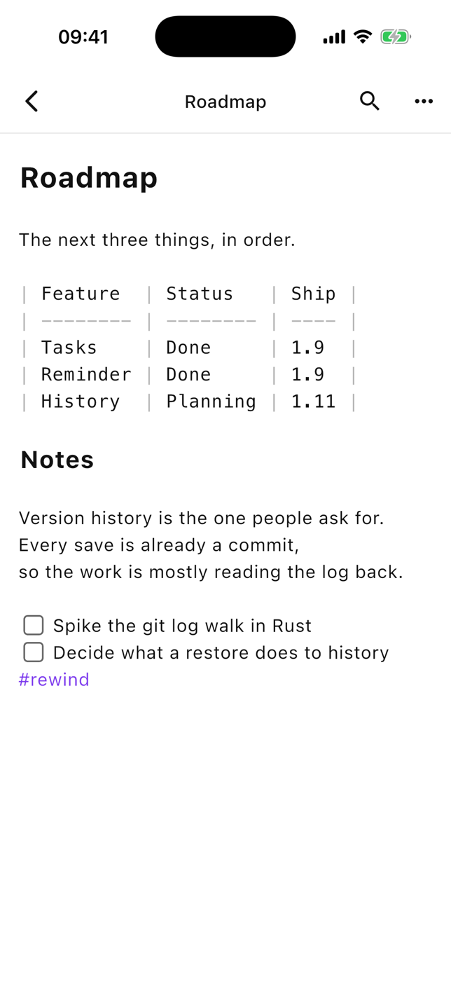 A Klad note with a Markdown table, headings, tasks and a tag