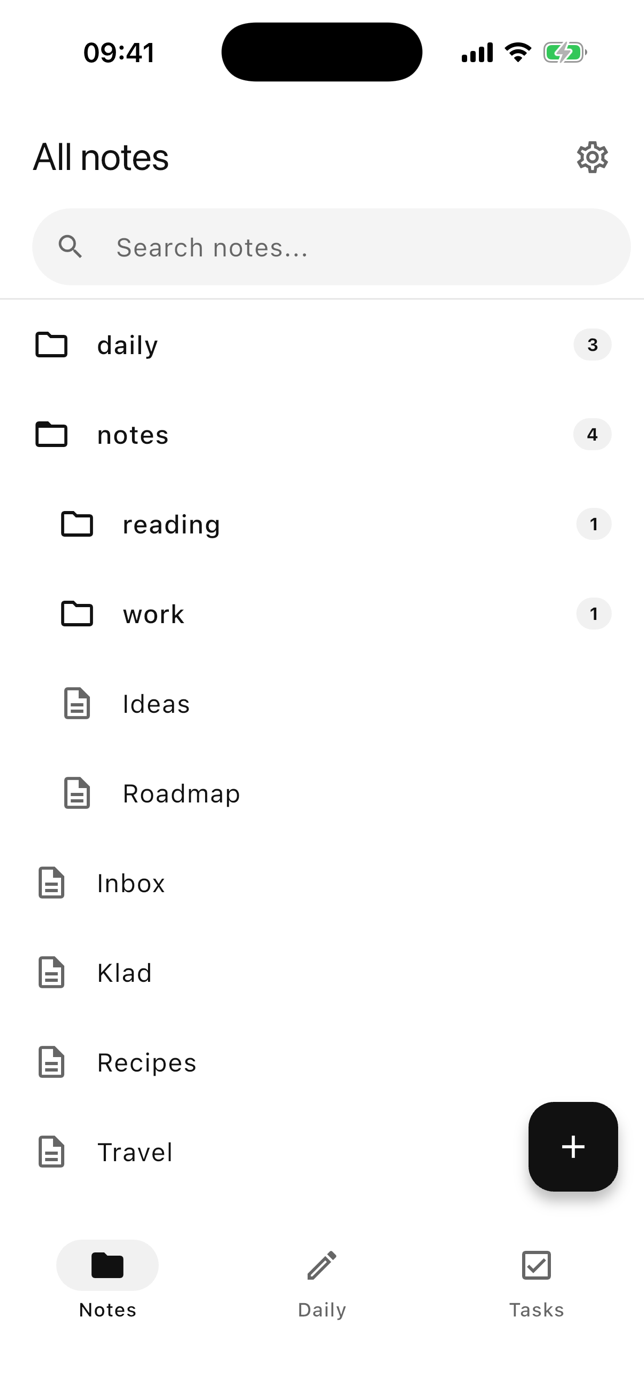 Klad notes list, showing folders from a Git vault