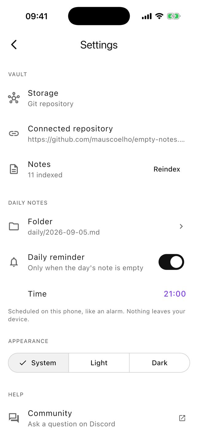 Klad settings showing a connected Git repository and the daily note options
