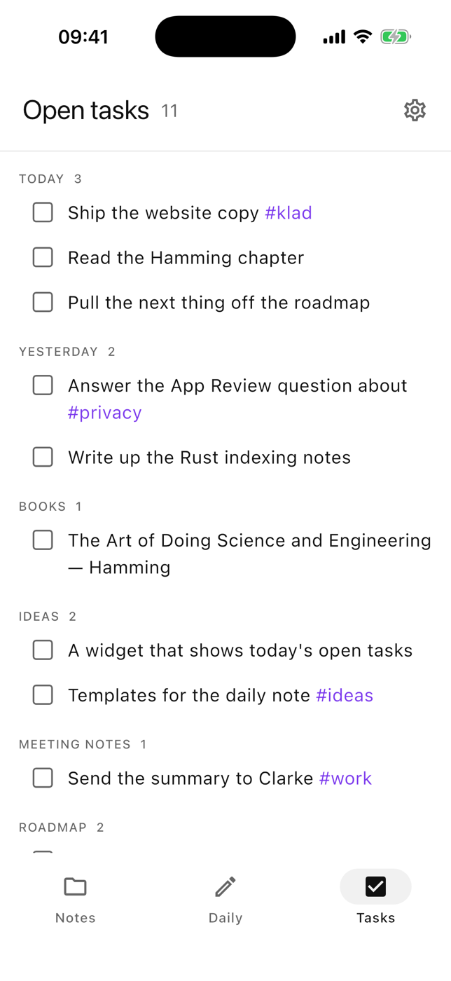Klad open tasks grouped by day and by note